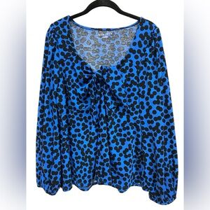 Ava & Viv Women’s Size 1X Polka Dot Long Sleeve Bow Top Blue/black